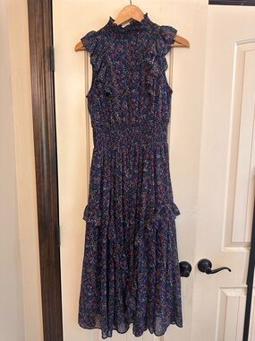Lulu's Navy Floral Ruffle High-Neck Maxi Dress